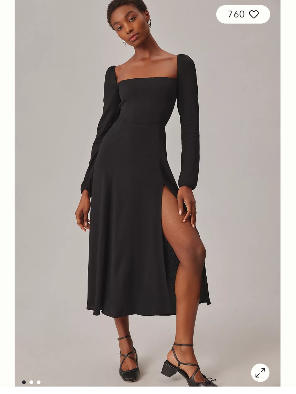 Reformation Black Square-Neck Long Sleeve Midi Dress with Side Slit